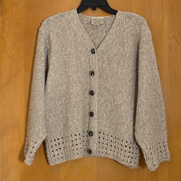 Carraig Donn Sweaters - Carraig Donn Irish Cardigan Knit Sweater Size L Tan Cotton Linen Cropped Crochet